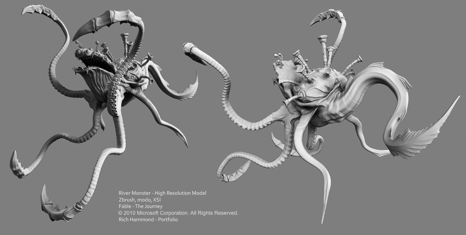 The rivermonster was a huge creature, and an epic Zbrush sculpting assignment. Built for 'Fable - The Journey' (Copyright © Microsoft Corporation. All rights reserved).